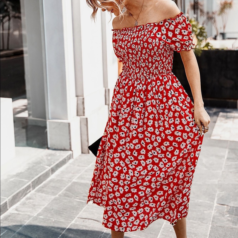 🌺🆕Floral Off The Shoulder Side Slit Dress - Picture 4 of 5